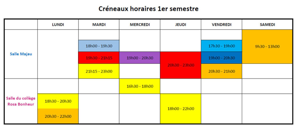 Créneaux horaires bad 1er semestre