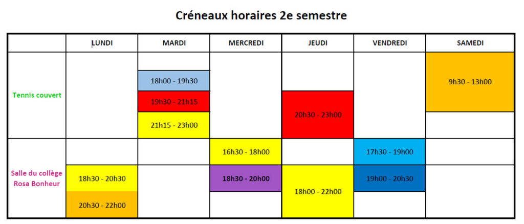 Créneaux horaires bad 2e semestre